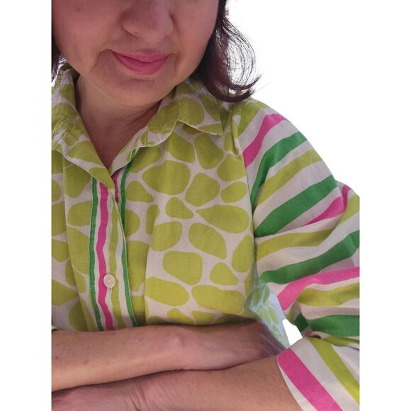 GRETCHEN SCOTT Boyfriend Shirt Art To Wear Stripes Leaves M Cotton Dopaminecore - Picture 1 of 15